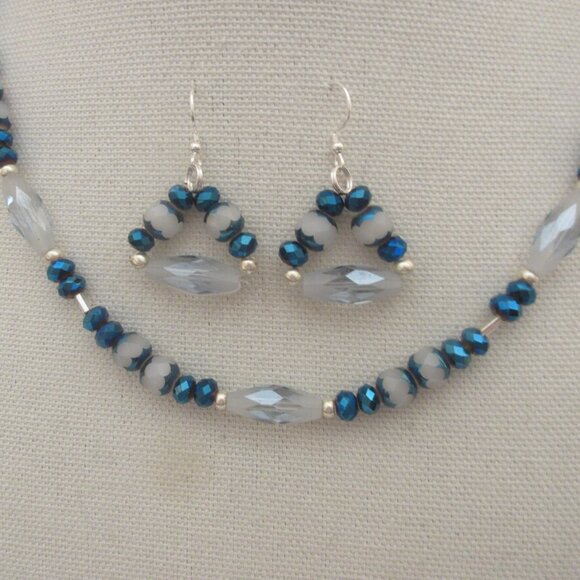 Handmade Blue White Faceted Glass Necklace Earrings Sterling Clasp Wires - Picture 1 of 3